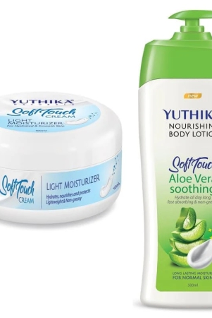 yuthika-soft-touch-light-moisturizer-cream-100ml-and-aloe-vera-body-lotion-500ml-combo-pack