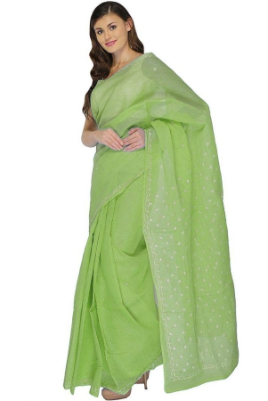 lavangi-women-lucknow-chikankari-keel-work-mehndi-green-cotton-saree-with-blouse