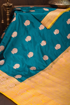 banarasi-katan-silk-saree-in-peacock-blue-yellow-with-damask-motifs-silk-mark-certified