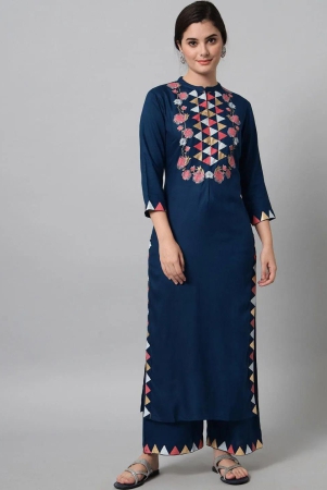 elegant-rayon-fabric-color-navy-blue-with-triangle-and-flower-printed-kurta-trouser-set-double-extra-large