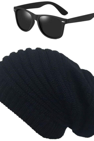 thriftkart-black-woollen-mens-cap-pack-of-2-black