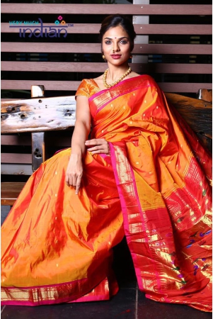 pure-silk-yeola-handloom-orange-paithani-weave-with-peach-and-gold-border-with-double-pallu