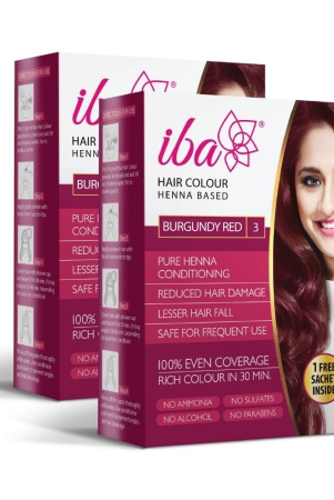 Iba Hair Colour - Burgundy Red, 70g (Pack of 2) | 100% Pure Henna Based Powder Sachet | Naturally Coloured Hair & Long Lasting | Conditioning | Reduced Hair fall & Hair Damage | Shine & Nourish Hair | Paraben, Chemical, Ammonia & Sulphate Free Formula