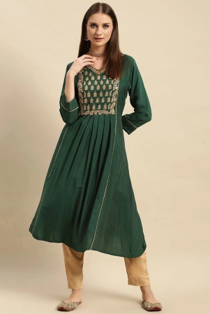 Rangita Women Viscose Blend Green Yoke Embroidered Calf Length Partywear Flared Kurti - None