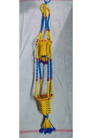 Macrame Hanging Planter with 2 Pots, Yellow and Blue