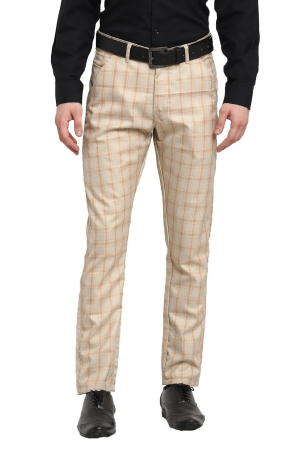 Indian Needle Mens Cream Cotton Checked Formal Trousers-30 / Cream