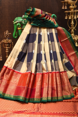 beige-and-black-kanjivaram-pure-silk-saree-with-checks-and-red-border-silk-mark-certified