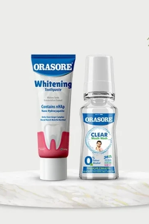 Orasore Whitening Duo | nHAp Toothpaste 100g & Clear Mouthwash 100ml | Peroxide-Free | Refreshing, Reduces Sensitivity & Whitens Teeth | No Color & No Alcohol | Free Bamboo Toothbrush