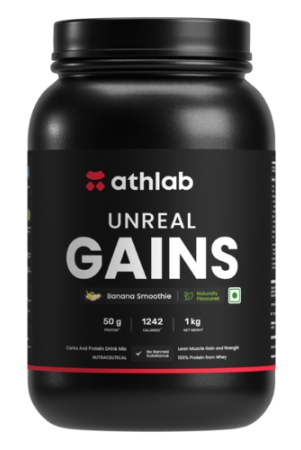 athlab-by-nutrabay-unreal-gains-mass-gainer-organic-tapioca-naturally-flavoured-sweetened-with-monk-fruit-50g-protein-1242-caloreis-easy-digesting-weight-gain-protein-powder-banana-smoothie-1-kg