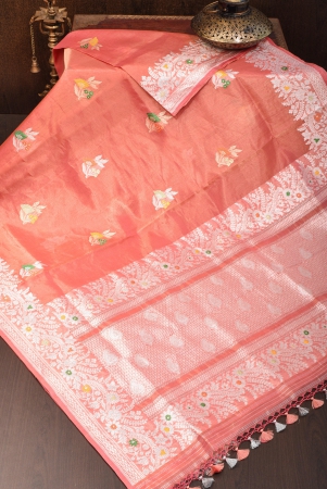 salmon-pink-tissue-organza-banarasi-pure-silk-saree-with-meenakari-buttas-silk-mark-certified