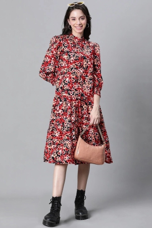 oxolloxo-floral-printed-mandarin-collar-puff-sleeves-pure-cotton-shirt-midi-dress