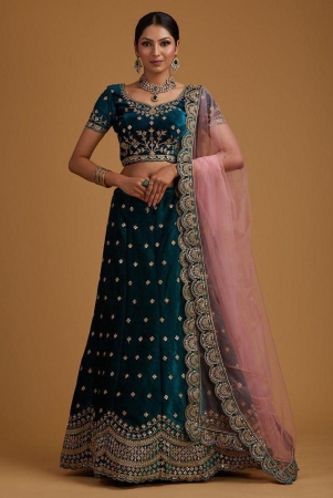 Estela Blue Velvet Chaniya Choli Semi Stitched Lehenga - Free Size