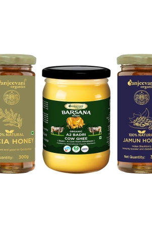 sanjeevani-organic-combo-pack-of-3-a2-badri-cow-ghee-500ml-himalayan-a2-badri-cow-ghee-is-a-testament-to-quality-and-care-natural-acacia-honey-300g-and-natural-jamun-honey-100-natural-multi-floral-honey