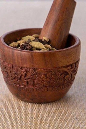 Brown Wood Kitchen Tool Set (Wood Carved Pestle and Mortar)-Brown