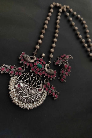 antique-silver-peacock-kundan-long-necklace-set