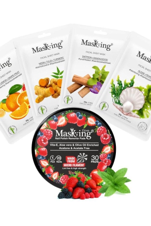 MasKing Bamboo Facial Sheet Mask For Orange, Neem, Saffron & Algae Ideal For Women & Men (Combo Pack of 4) | Diva Berries Nail Polish Remover 30 Round Pads (Pack of 1)