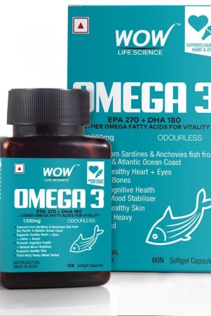 WOW Life Science Omega-3 1500mg Capsules with Fish oil - EPA 270 + DHA 180 Enriched - 60 Capsule