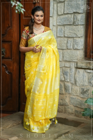 authentic-bandini-shibori-on-pure-linen-by-linen-saree-with-zari-border-in-sunflower-yellow