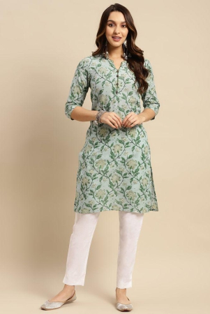 Rangita Women 100% Cotton Mint Green Floral Printed Knee Length Straight Kurti - None