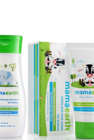 Mamaearth Gentle Cleansing Shampoo For Babies (200ml) + Mamaearth Milky Soft Face Cream for Babies with Milk Protein Murumuru Butter (60gm)