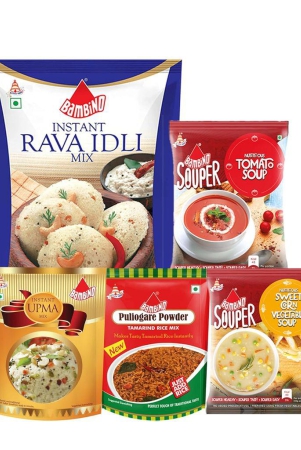 bambino-assorted-combo-break-fast-mixes-of-instant-rava-idli-mix-500-gms-i-upma-mix-180-gms-i-puliogare-mix-100-gms-i-soups-95-gms