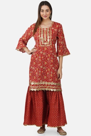 women-floral-printed-sequinned-bell-sleeve-pure-cotton-kurta-with-sharara