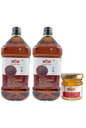 wow-cooking-organic-cold-pressed-black-mustard-cooking-oil-2-ltr-x-2-with-55-gm-raw-honey-mustard-oil-for-cooking-good-for-heart-health-pure-oil-for-roasting-frying-baking-all-type-of-cuisines