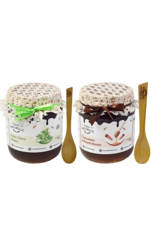 farm-naturelle-raw-natural-ayurvedic-unprocessed-tulsi-forest-flower-honey-with-huge-medicinal-value-and-cinnamon-infused-forest-jungle-honey-combo700gm75gm-extrawooden-spoons-x-2-sets