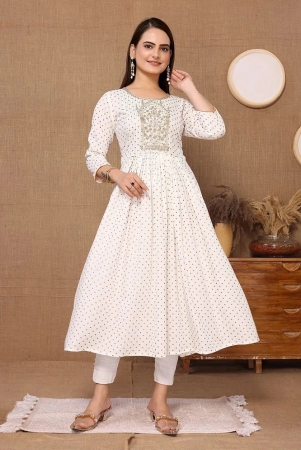 Rangita Women Rayon Off White Embroidered Calf Length Anarkali Kurti - None