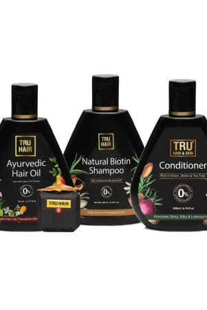 Tru Hair Ayurvedic Hair Oil with Free Heater (110 ML) + Biotin Shampoo & Conditioner | For Dandruff, Pre Mature Greying, Hair Growth & Shiny Voluminous Hair-Default