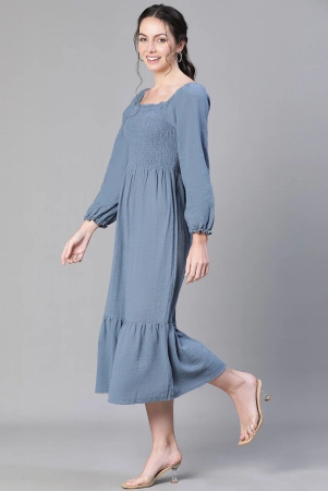 oxolloxo-solid-smocked-puff-sleeve-tiered-cotton-fit-flare-midi-dress