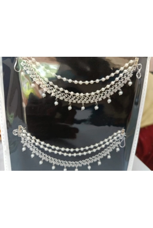 Pearl and Silver Double Chain Maang Tikka with Earrings