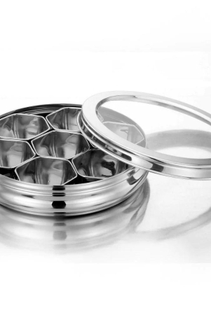 Softel Stainless Steel 7 Star Masala Dabba with See-Through Glass Lid | Silver