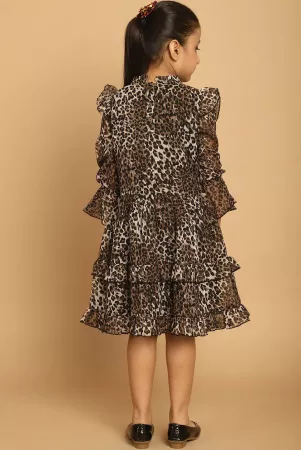 MINI & MING Girls Animal Printed Ruffled Bell Sleeves Georgette Fit & Flare Dress