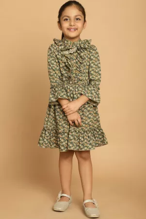 mini-ming-girls-floral-printed-band-collar-bell-sleeve-ruffled-fit-flare-dress