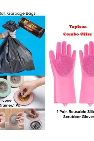 tapixaa-combo-kit-1pair-silicone-gloves1-roll-garbage-bag1pc-sink-drainer-multicolor-silicone-free-size-cleaning-glove-set-pack-of-1-