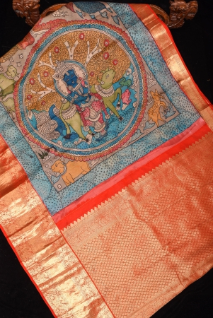 green-and-blue-authentic-pen-kalamkari-on-pure-kanjivaram-silk-saree-with-zari-border-silk-mark-certified