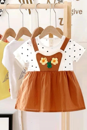 Sunflower Applique Girls Half Sleeves Dress-Brown / 1-2 years