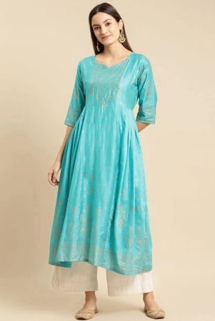 rangita-women-turquoise-sequin-yoke-embroidered-gold-printed-calf-length-kurti-with-gathers-at-side-none