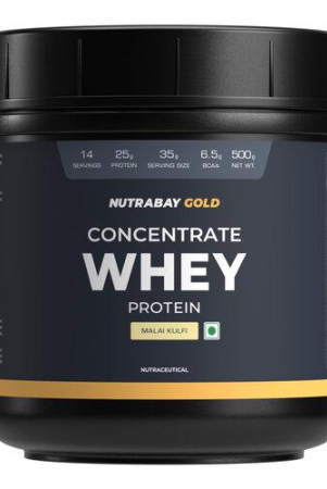 Nutrabay Gold 100% Whey Protein Concentrate with Digestive Enzymes & Vitamin Minerals, 25g Protein | Protein Powder for Muscle Support & Recovery - Malai Kulfi, 500g