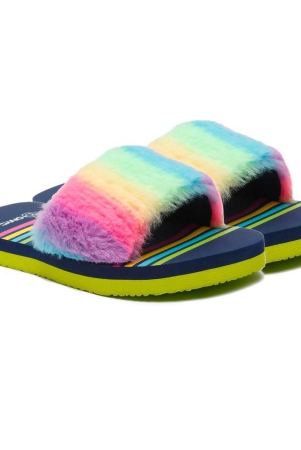 ONYC Kids Slippers for Girls, Premium Rainbow Fur Sliders, Navy Blue