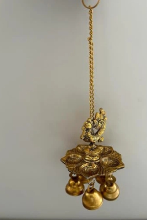 aarna-creations-hand-crafted-metal-peacock-with-5-diya-artistic-hanging-diya-with-bells-beautiful-hanging-panch-diya-with-peacock-carving-and-bells