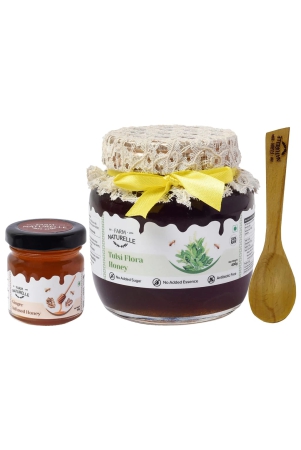 farm-naturelle-raw-natural-unprocessed-tulsi-forest-flower-honey-ayurved-recommended-huge-medicinal-value-400grams-with-55-gms-and-a-wooden-spoon