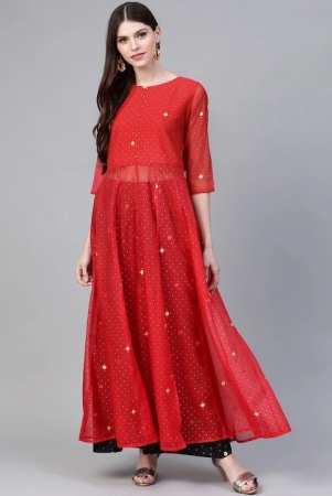 women-red-black-semi-sheer-high-slit-bandhani-khari-printed-anarkali-kurta-set