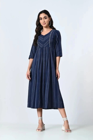 AMBI Cotton Blend Striped Midi Womens Fit & Flare Dress - Blue ( Pack of 1 ) - None