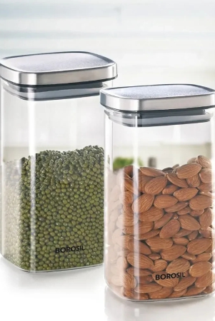 Borosil Classic Square 1400 ML Air-Tight Storage Glass Jar | Transparent | Set of 2 Pcs