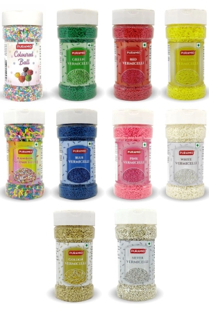 puramio-combo-vermicelli-for-cake-decoration-golden-silver-50-gm-each-pack-of-2-coloured-balls-white-yellow-rainbow-pink-red-green-blue125-gm-each-pack-of-8