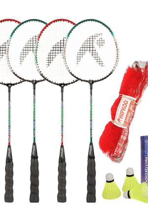 hipkoo-sports-toofani-aluminum-badminton-complete-racquets-set-4-wide-body-rackets-with-cover-3-shuttlecocks-and-net-ideal-for-beginner-lightweight-sturdy-multicolour-set-of-4