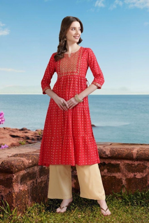 Rangita Women Rayon Red Embroidered Ankle Length Tiered Flared Kurti - None