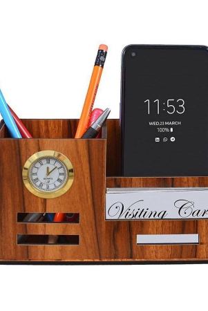 ravariya-graphics-pen-stand-with-clock-business-visiting-card-mobile-holder-multipurpose-wooden-desk-organizer-pen-and-pencil-holder-stand-for-office-desk-and-study-table-4-in-1